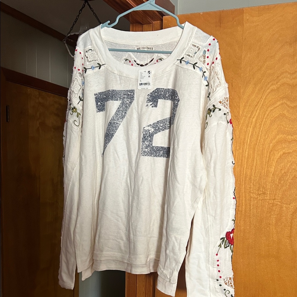 Free People Ivory Embroidered 72 Graphic Long Sleeve Top